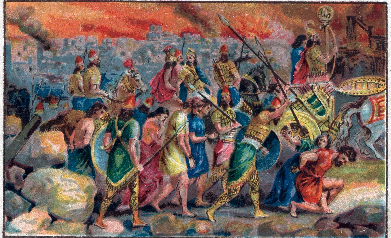 Oblężenie Jerozolimy przez króla Babilonu Nabuchodonozora II (w. 630 pne-562 pne) w 586 pne oraz zniszczenie miasta i świątyni Jerozolimy. Chromolitografia z końca XIX wieku. autorstwa Unknown artist