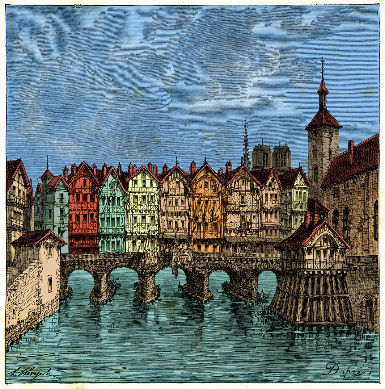 Mały most, który później był Pont au Change w Paryżu w średniowieczu, rycina XIX wiek autorstwa Unknown artist