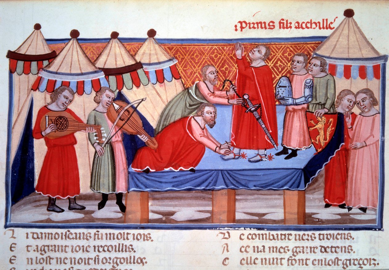Zmiękczenie Pyrrusa, syna Achillesa. Miniatura zaczerpnięta z „Le roman de Troie” Benoit de Sainte-Maure (koniec XII wieku), normański poeta zrealizował około 1160-1170 dla Alienor d