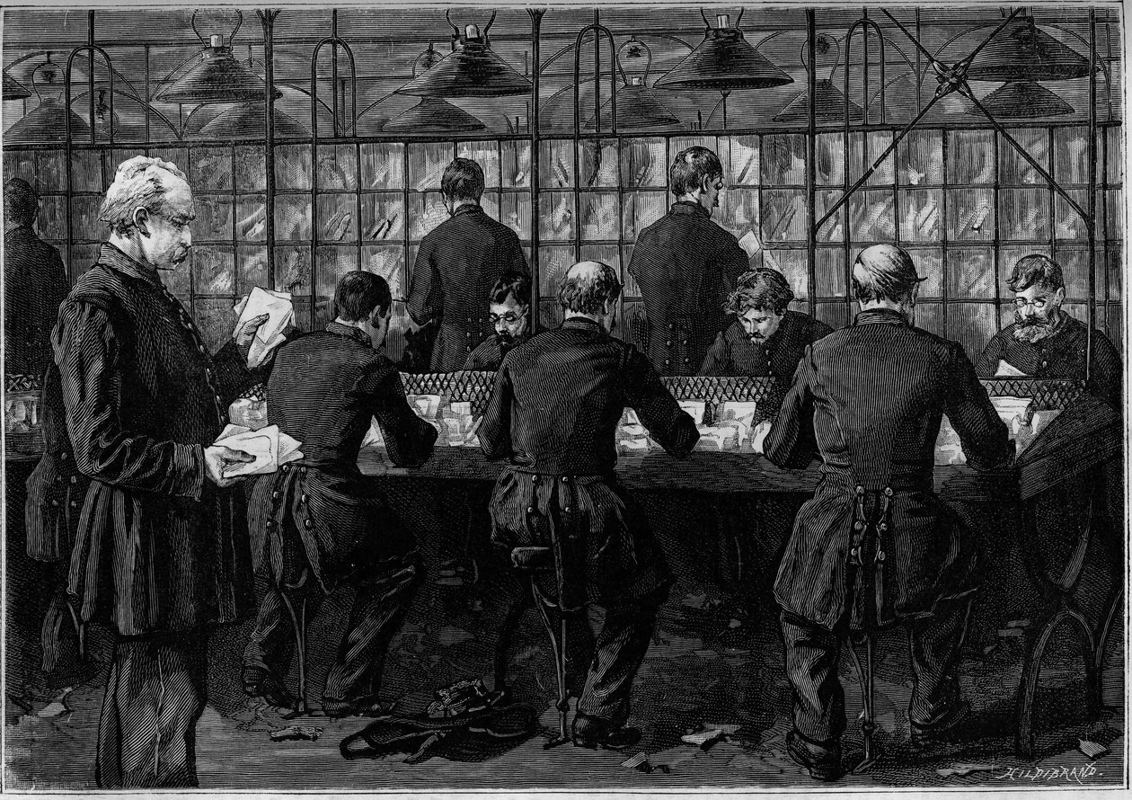 Sortowanie korespondencji w biurze Hotel des Postes przy Rue du Louvre w Paryżu. Grawerowanie w czasopiśmie „”La jeunesse”” autorstwa Unknown artist