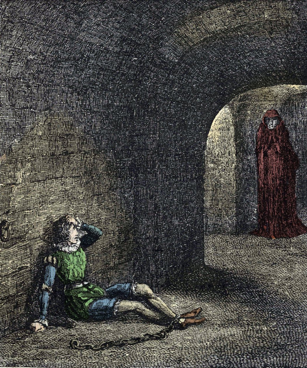 Widmo z wieży Więzień skuty łańcuchami w lochu widzi przed sobą ducha. Ilustracja do „Wieży Londynu” Williama Harrisona Ainswortha z XIX wieku autorstwa Unknown artist