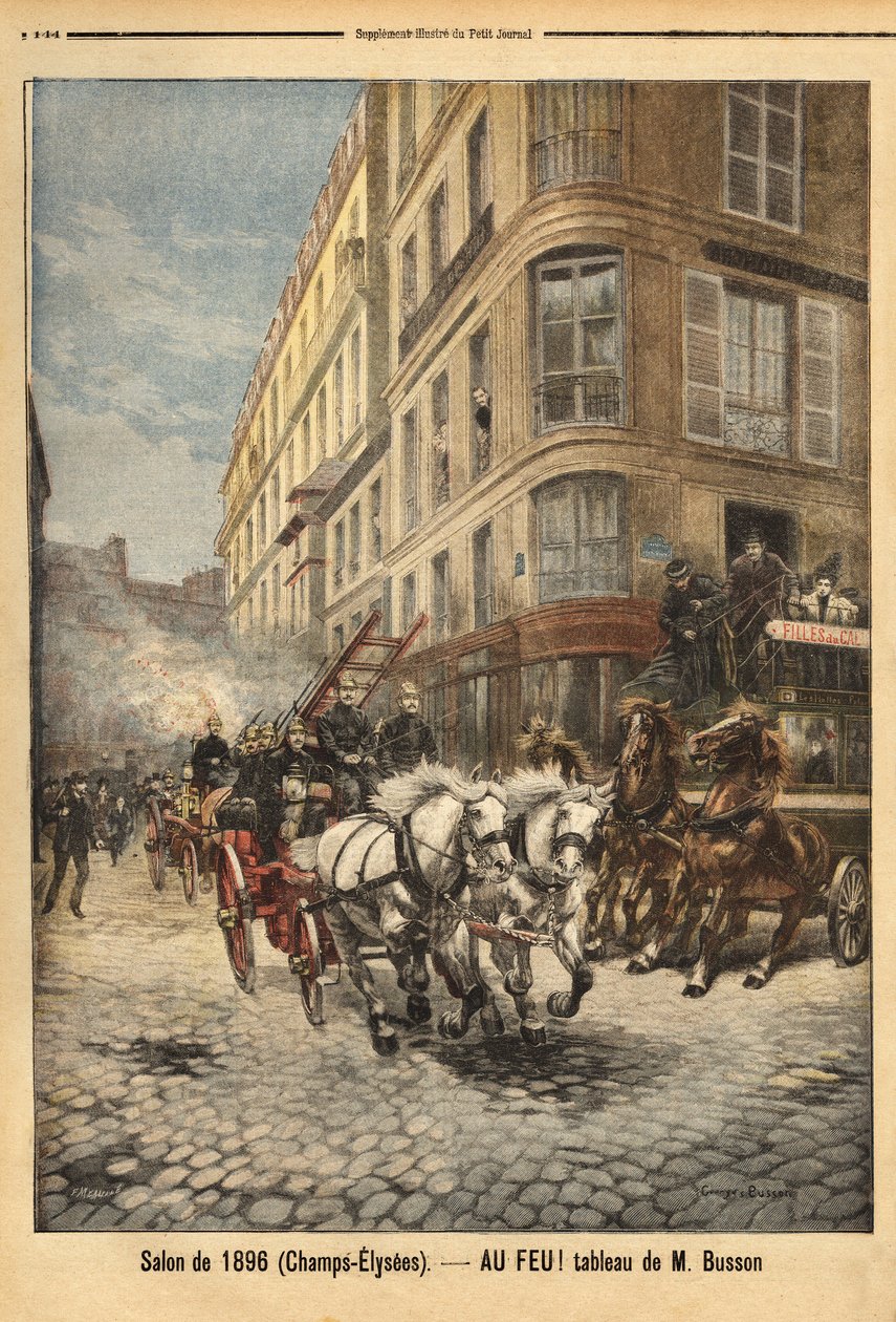 Pompa parowa i pojazdy strażaków w Paryżu, według obrazu pana Bussona. Grawerowanie w „”Le petit journal”” 3/05/1896. Kolekcja Selvy. autorstwa Unknown artist