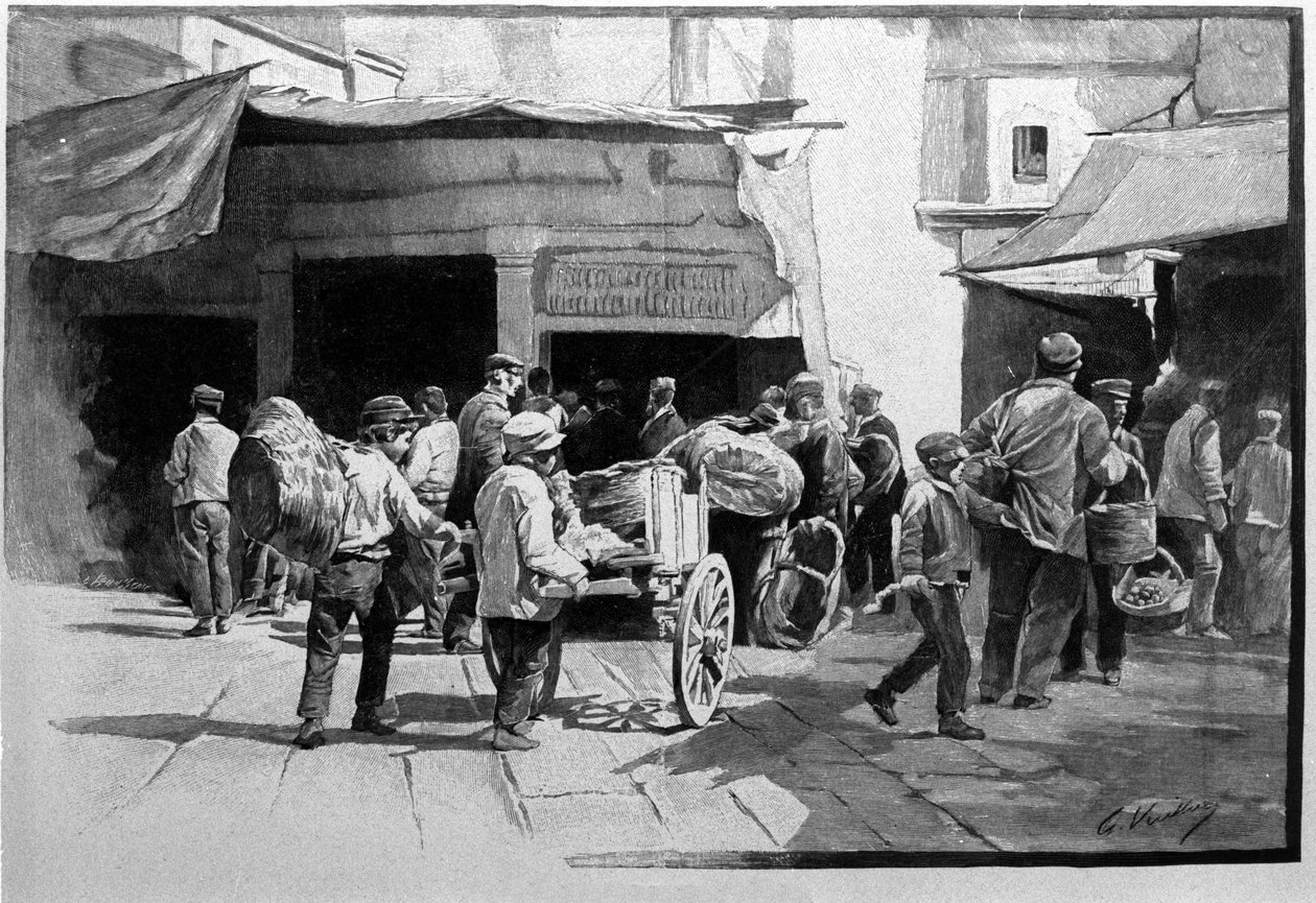 Sprzedawcy uliczni i spacer po dzielnicy Vuccirla w Palermo Sycylia Rycina z XIX wieku autorstwa Unknown artist