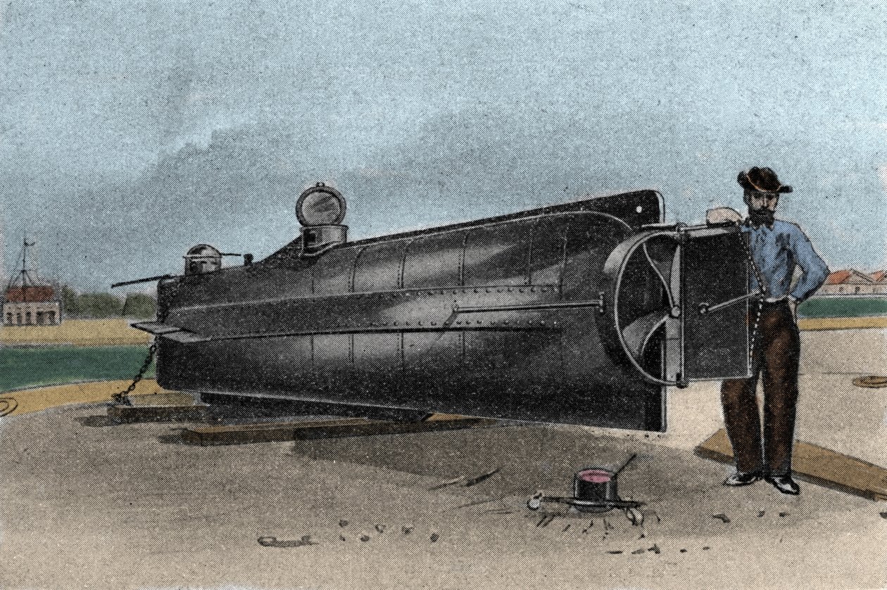 Okręt podwodny (okręt podwodny) CSS H. L. Hunley używany przez marynarkę wojenną Stanów Zjednoczonych podczas wojny secesyjnej. 1861-1865 Rycina XIX wieku autorstwa Unknown artist