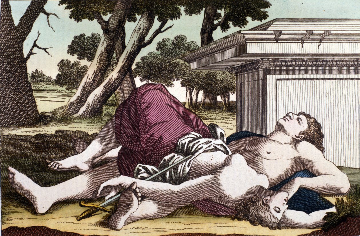 Samobójstwo Pyramus (Pirame) pod murierem i śmierć Thisbe. Przekonany, że lwica pożerała Thisbe, Pyramus oddał sobie śmierć i pokrył białe obyczaje jej krwią. Thisbe, ukrywając się, by uciec przed lwem, znajduje swoją miłość martwą i samobójczą autorstwa Unknown artist