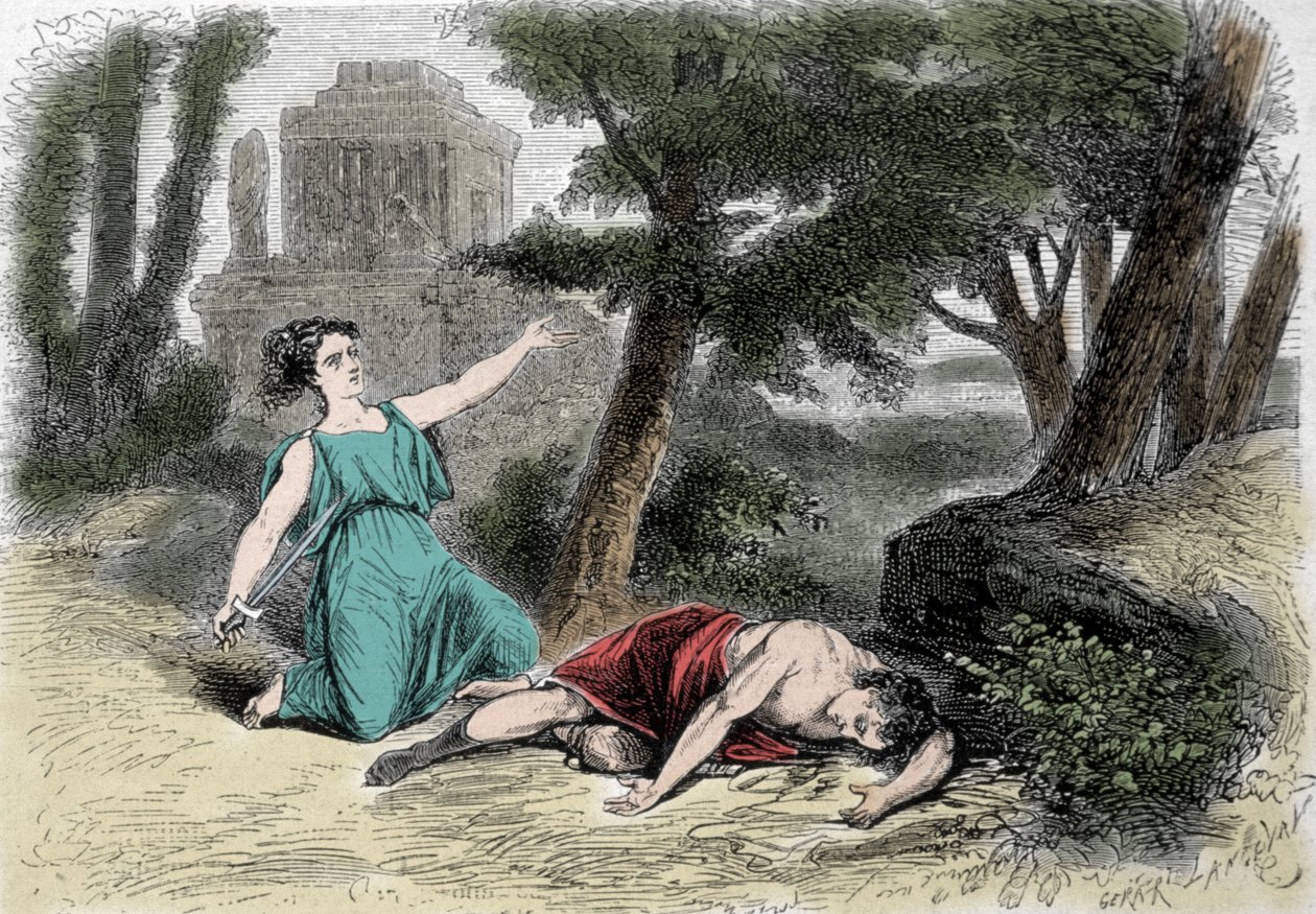 Samobójstwo Pyramus (Pirame) pod murierem i śmierć Thisbe. Przekonany, że lwica pożerała Thisbe, Pyramus oddał sobie śmierć i pokrył białe obyczaje jej krwią. Thisbe, ukrywając się, by uciec przed lwem, znajduje swoją miłość martwą i samobójczą autorstwa Unknown artist
