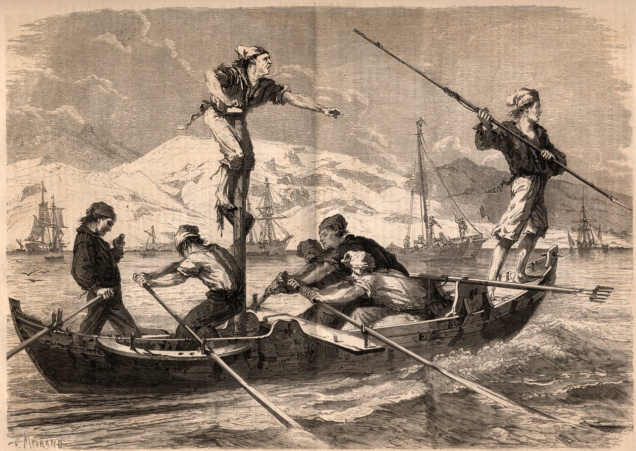 Miecznik łowiący harpunem (pesce spada, miecznik) na wybrzeżu Sycylii we Włoszech w 1862. Rycina w „Le Monde illustrious” z 1862. Ze zbiorów prywatnych. autorstwa Unknown artist