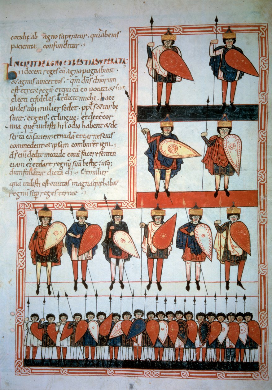 Dziesięciu królów apokalipsy z włóczniami i tarczami wraz ze swoimi oddziałami. Miniatura w „”Beatus de Liebana, Komentarz do Apokalipsy”” (Folio 193), autorstwa Stephanusa Garcii autorstwa Unknown artist