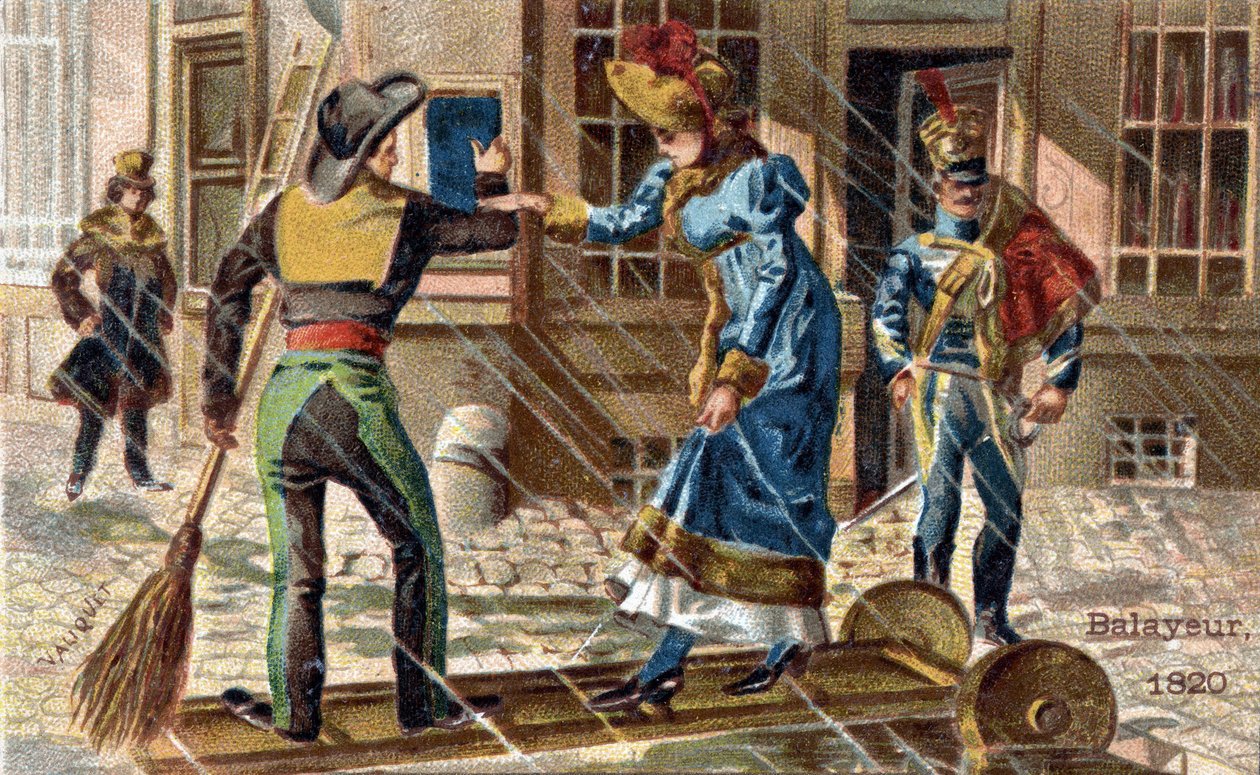 Zawód zamiatacza w 1820 r.: zamiatacz pomagający młodej kobiecie przejść przez kałużę. autorstwa Unknown artist