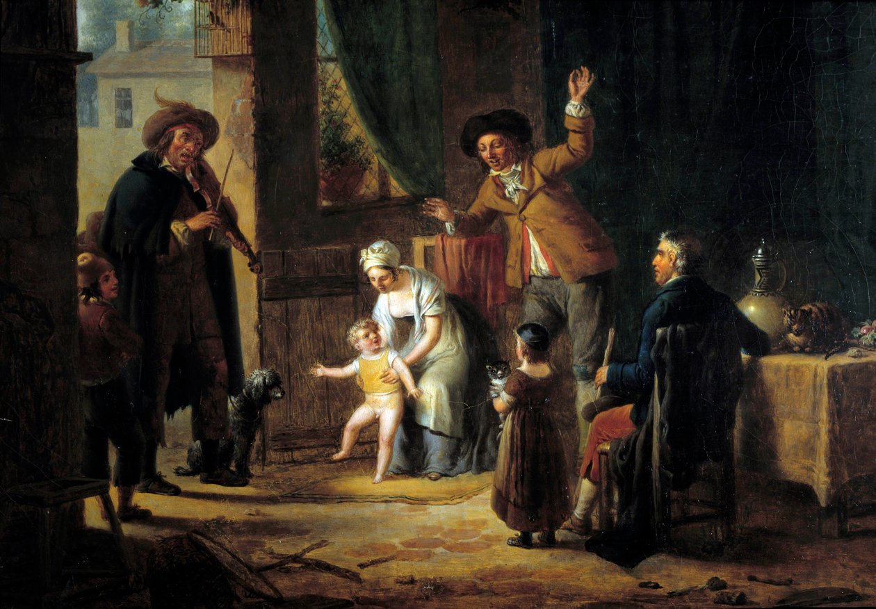 Podróżujący muzyk Skrzypek gra muzykę w drzwiach rodzinnego domu. Anonimowe malowanie. 1819 Paryż, Sztuka dekoracyjna autorstwa Unknown artist