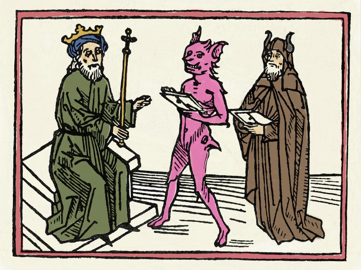 Proces Beliala: „Demon Belial przedstawia swoje referencje sędziemu Salomonowi” „Grawerowanie z „Procesu Beliala”” Jacobusa de Teramo (lub Palladino), Ausburg autorstwa Unknown artist