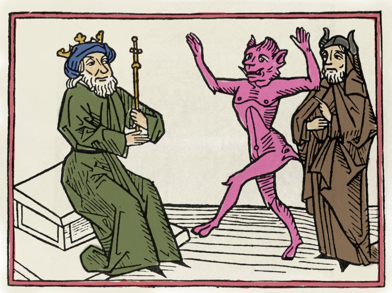 Proces Beliala: „”Demon Belial tańczy przed sędzią Salomonem””” Grawer z „Procesu Beliala”” Jacobusa de Teramo (lub Palladino), Ausburg autorstwa Unknown artist