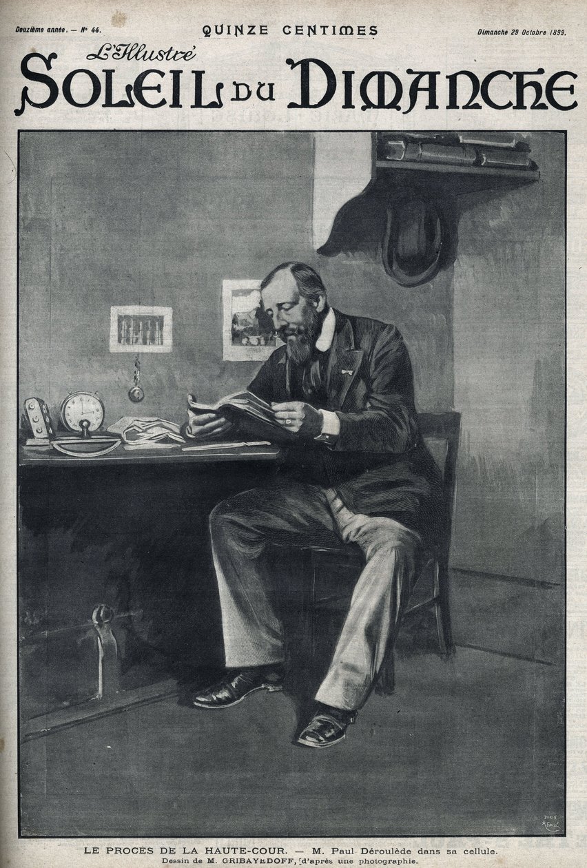 Proces przed Sądem Najwyższym: pan Paul Deroulede (1846-1914), francuski pisarz i działacz nacjonalistyczny, który jest ważnym aktorem antydreyfusyzmu, w swojej celi po próbie zamachu stanu 23 lutego. Grawerowanie w „”Le sun-du-dimanche”, 29 października autorstwa Unknown artist
