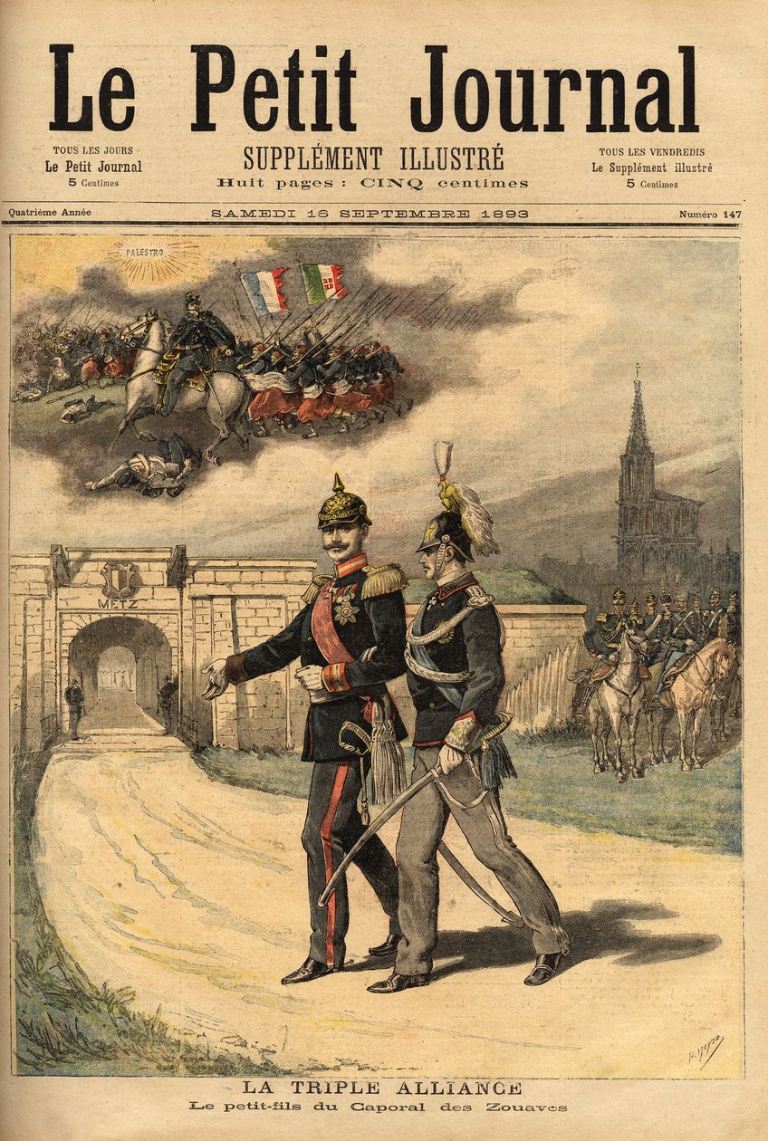 Potrójny sojusz między Niemcami, Austrią, Węgrami i Włochami, oskarżany przez Francję o zdradę stanu od czasu wizyty księcia Wiktora (1862-1926) Wilhelma II (1859-1941), cesarza Niemców, księcia nazywa się wnukiem kaprala Żuawów, ponieważ jego g autorstwa Unknown artist