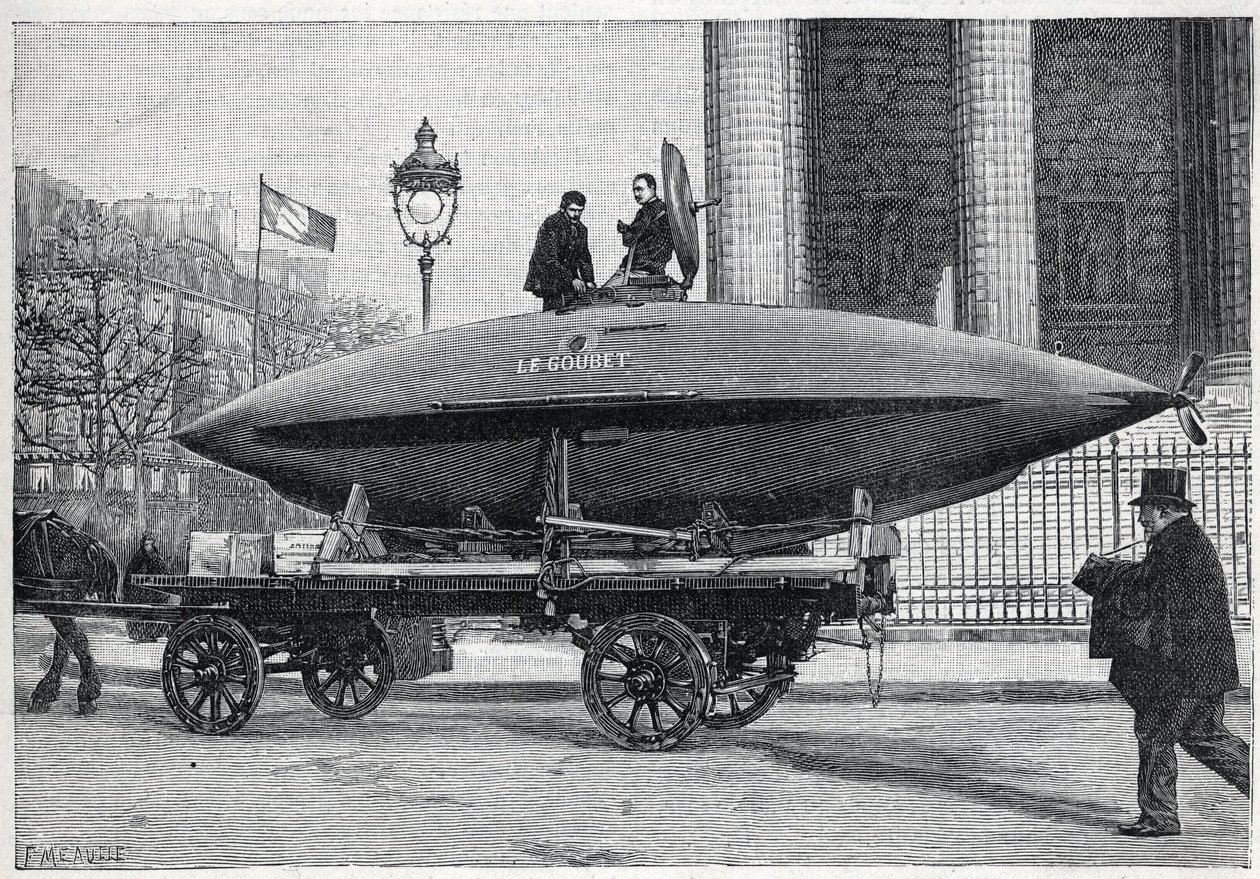 Łódź podwodna (okręt podwodny) „Le Goubet”, przewozi do eksperymentów, mija Place de la Madeleine w Paryżu. Grawerowanie w „”La Nature”” autorstwa Unknown artist