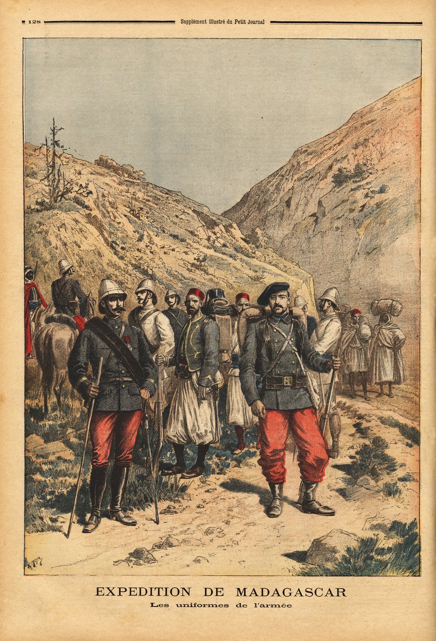 Mundury armii, strój kampanijny na wyprawę z Madagaskaru. Grawerowanie w „”Le petit journal”” 21.04.1895. Kolekcja Selvy. autorstwa Unknown artist
