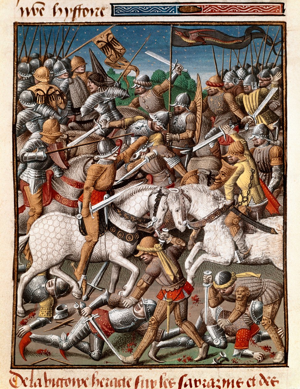 Zwycięstwo cesarza bizantyjskiego Herakliusza (Herakleios (około 575-641) nad miniaturą sarrazins w „” Le miroir historyl”” (Speculum Historiale) (ms. 1196 fol. 65 v.) Vincenta de Beauvais (1190-1264) przetłumaczony na język francuski przez Jean de Vignay autorstwa Unknown artist