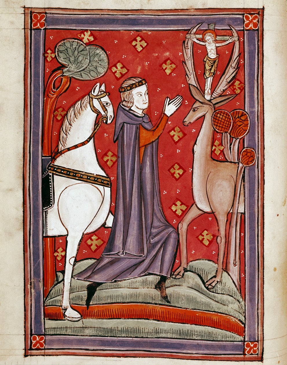Wizja św. Eustatiusa Święty Eustachius w obliczu jelenia niosącego wizerunek Chrystusa krzyżuje się między jego lasami. Miniatura z XIII-wiecznego rękopisu. Biblioteca Marciana, Wenecja autorstwa Unknown artist