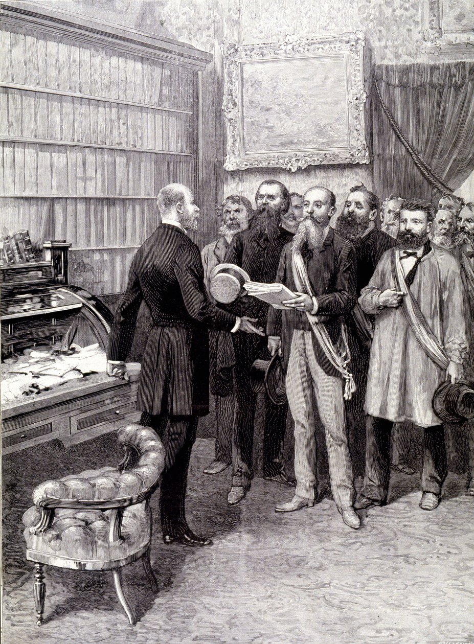 Wizyta delegatów robotniczych w Palais Bourbon (Jules Guesde, pan Ferroul, pan Baudin i pan Thivrier) u sekretarza generalnego prezydencji: pana Martina, podczas demonstracji 1 maja autorstwa Unknown artist
