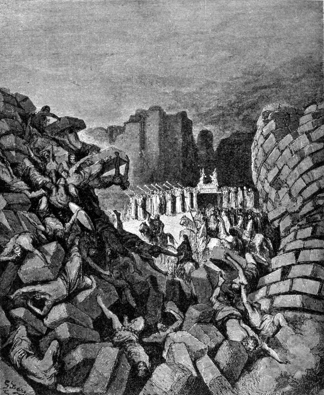 Mury Jerycha runęły na dźwięk trąb Ozeasza, co pozwoliło Hebrajczykom je pochwycić. Księga Jozuego. Rycina XIX wieku. autorstwa Unknown artist
