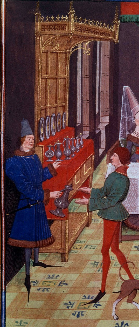 Bankiet weselny Clarisse, córki króla Yvon z Gaskonii i Renauda Detala reprezentującego służbę przynoszącą wino. Miniatura z rękopisu „Renaud de Montauban” lub „Les quatre fils Aymon” Loyseta Liedeta (czynny w latach 1448-1478). SM. autorstwa Unknown artist