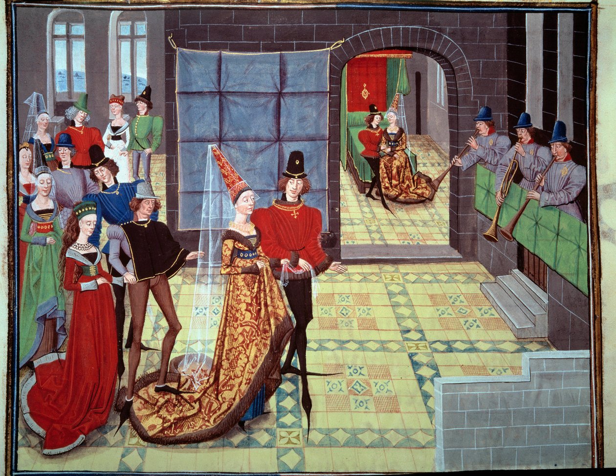 Ślub Renauda i Clarisse w tle w noc poślubną. Miniatura z rękopisu „Renaud de Montauban” lub „Les quatre fils Aymon” Loyseta Liedeta (czynny w latach 1448-1478). Ms. 5073. XV-wieczna Bibliotheque de l