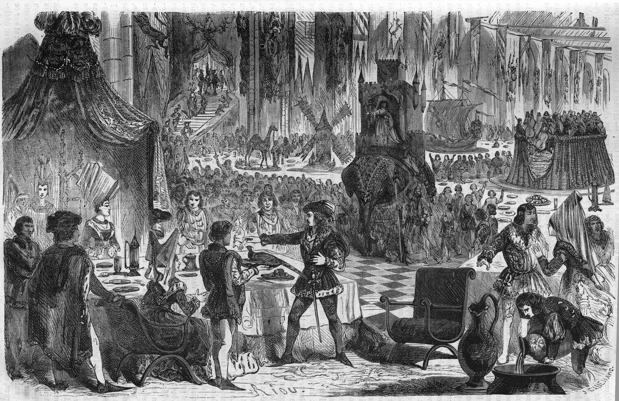 Życzenie bażanta. Filip III Le Bon, książę Burgundii (1396-1467) dołączył do cesarza Konstantynopola 17 lutego 1454 na bankiecie w hotelu Salle de Lille. Rycina XIX wieku. autorstwa Unknown artist