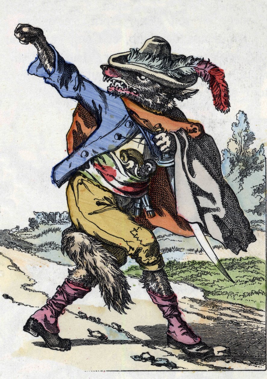Wilk. Ilustracja do baśni „Compere le Loup, Maitre Renard, Comere la Chevre et ses petits biquets”” według bajki Jeana de la Fontaine. W „Opowieściach z domu dla najmłodszych””. Anonimowy rycina z XIX wieku. autorstwa Unknown artist