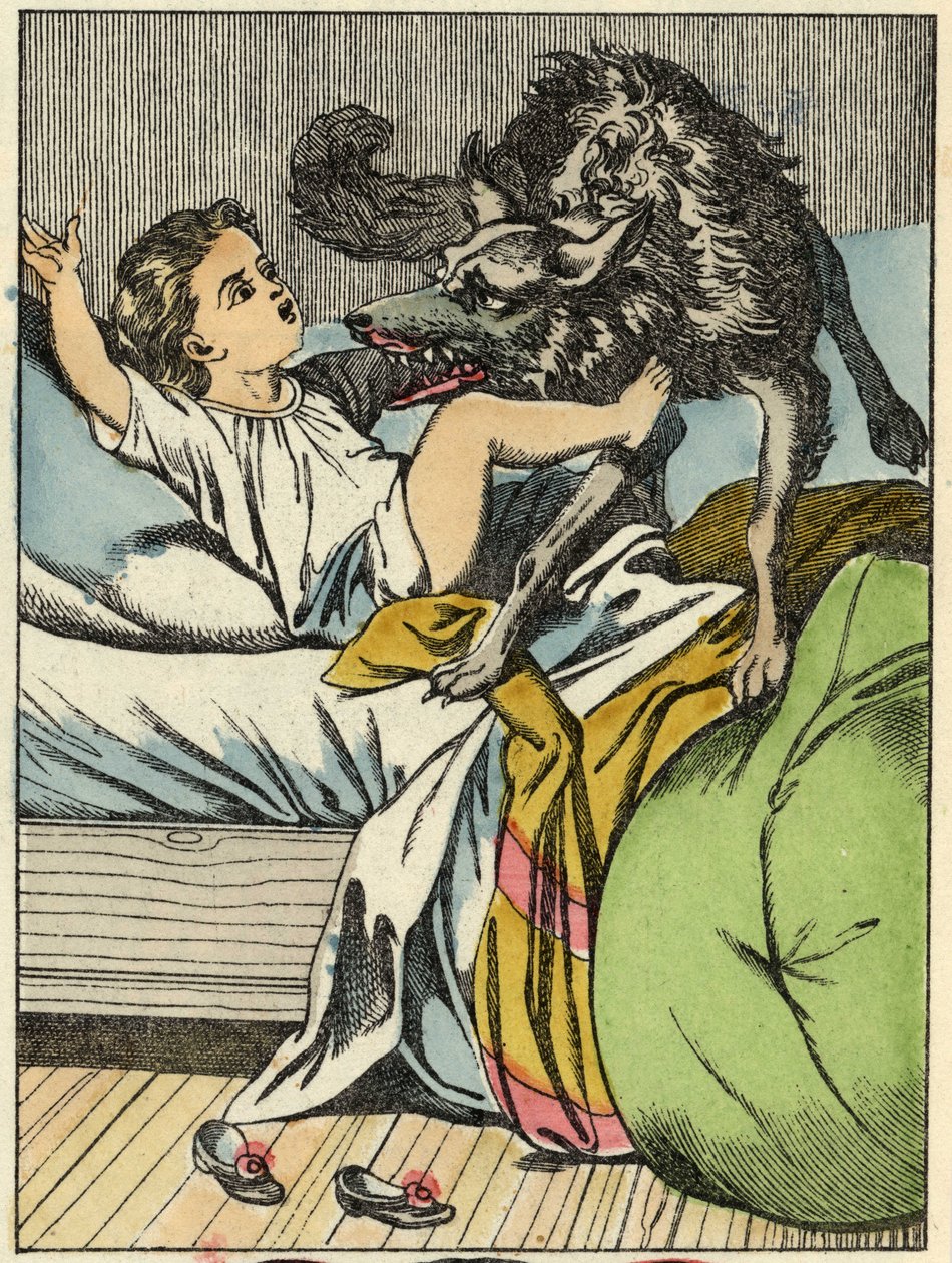Wilk pokonuje Czerwonego Kapturka. Ilustracja do bajki „Czerwony Kapturek” Charlesa Perrault autorstwa Unknown artist
