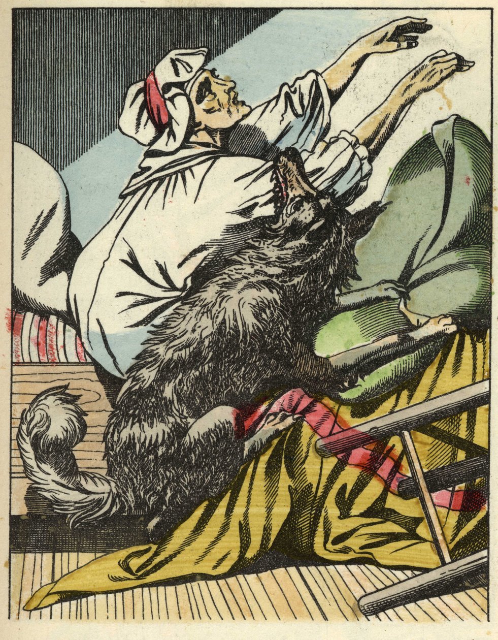 Wilk pokonuje babcię Czerwonego Kapturka. Ilustracja do bajki „Czerwony Kapturek” Charlesa Perrault autorstwa Unknown artist