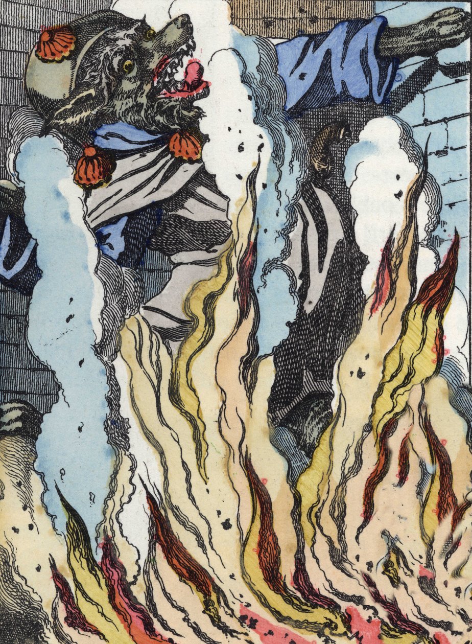 Wilk wpada w ogień komina. Ilustracja do baśni „Compere le Loup, Maitre Renard, Comere la Chevre et ses petits biquets”” według bajki Jeana de la Fontaine. W „Opowieściach z domu dla najmłodszych””. Anonimowy grawer autorstwa Unknown artist