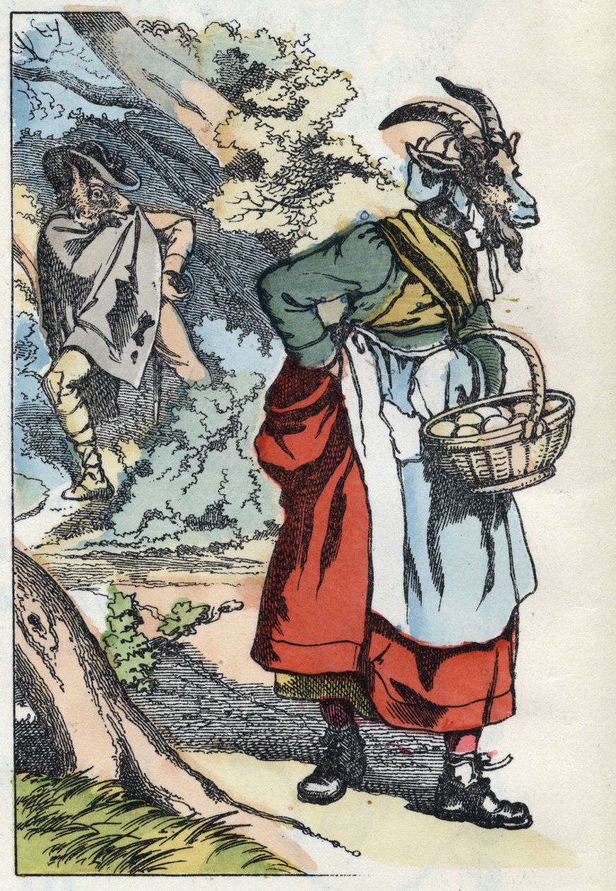 Wilk szuka kozy opuszczającej swój dom. Ilustracja do baśni „Compere le Loup, Maitre Renard, Comere la Chevre et ses petits biquets”” według bajki Jeana de la Fontaine. W „Opowieściach z domu dla najmłodszych””. Grawerowanie anonimowe autorstwa Unknown artist