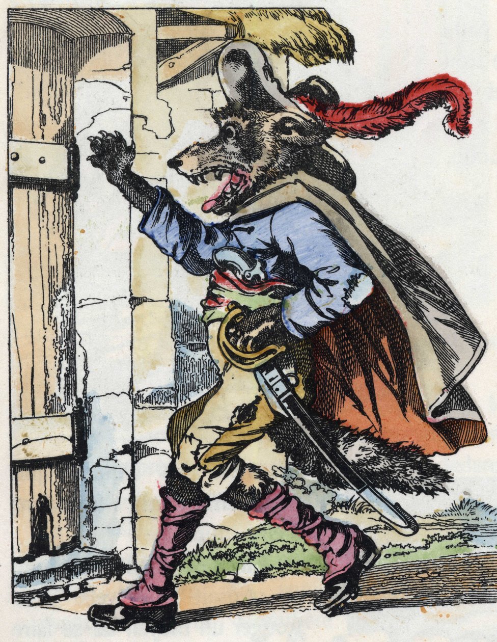 Wilk puka do drzwi bikietowego domu. Ilustracja do baśni „Compere le Loup, Maitre Renard, Comere la Chevre et ses petits biquets”” według bajki Jeana de la Fontaine. W „Opowieściach z domu dla najmłodszych””. Anonimowy grawer autorstwa Unknown artist