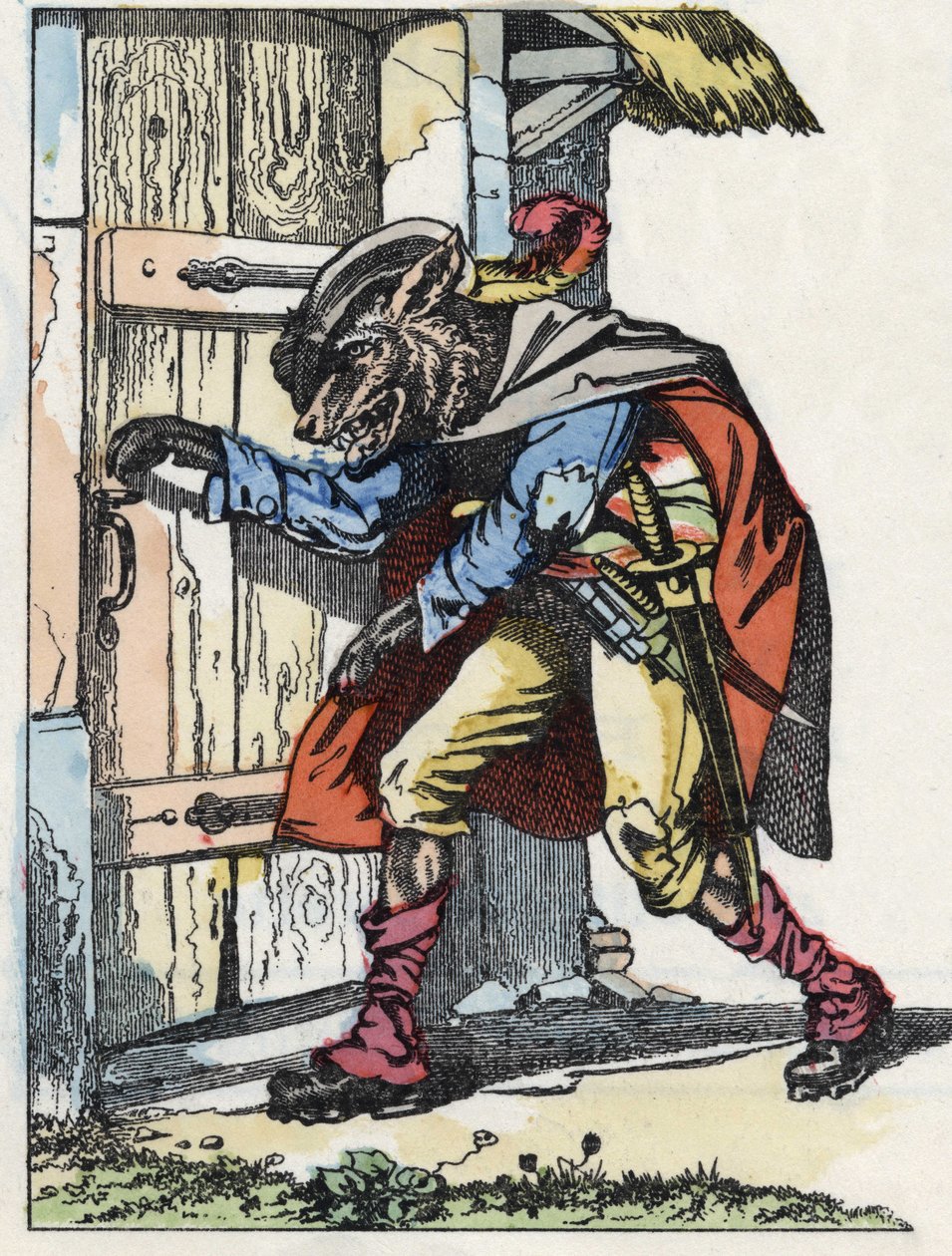 Wilk puka do drzwi bikietowego domu. Ilustracja do baśni „Compere le Loup, Maitre Renard, Comere la Chevre et ses petits biquets”” według bajki Jeana de la Fontaine. W „Opowieściach z domu dla najmłodszych””. Anonimowy grawer autorstwa Unknown artist