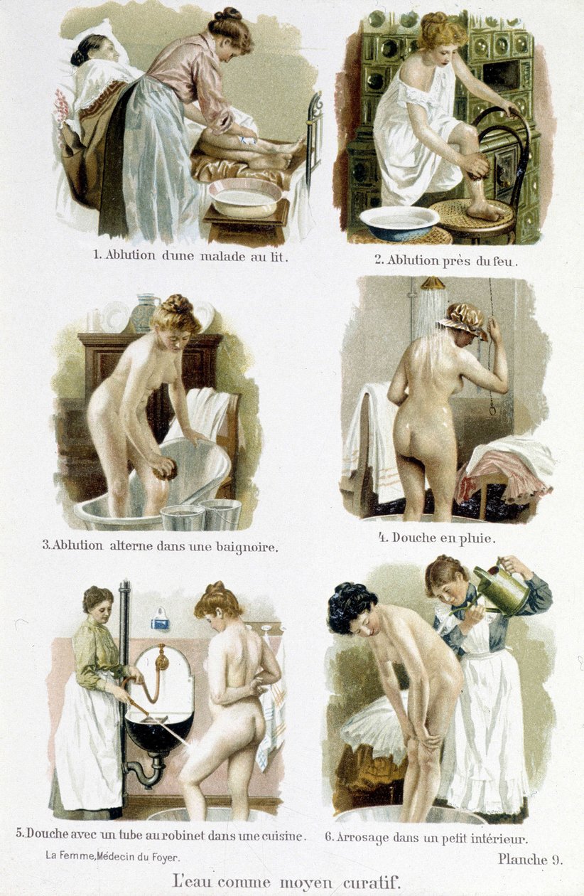 Kobieta, lekarz domowy: woda jako środek leczniczy. 1.Alution chorego w łóżku, 2.Alution przez ogień, 3.Alution na przemian w wannie, 4.Deszcz, 5.Prysznic z kranem w kuchni, 6.Podlewanie w małym wnętrzu - w “ Kobieta, lekarz domowy”” autorstwa Unknown artist