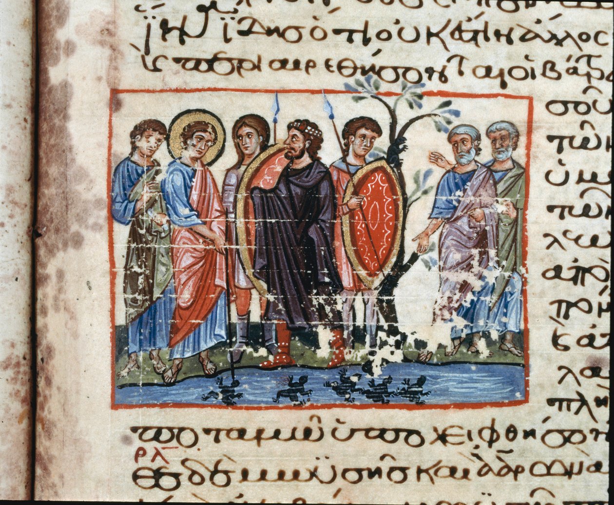 Rany Egiptu: Inwazja żab Miniatura z „”Kodeksu Oktateuchu Seraju”” (ms.8 lub Seraglio Octateuch) XII-wieczna Biblioteka Muzeum Topkapi Sarayi Stambuł autorstwa Unknown artist