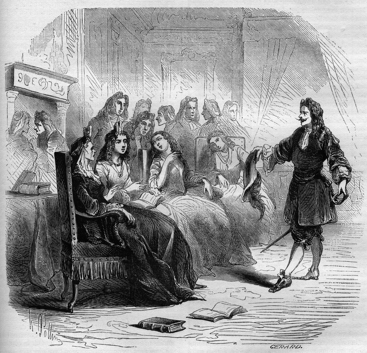 Pisarz Georges de Scudery (1598-1667) podczas salonu literackiego zorganizowanego przez jego siostrę Madeleine de Scudery w 1650 r. Rycina z lat 1860-1861. autorstwa Unknown artist