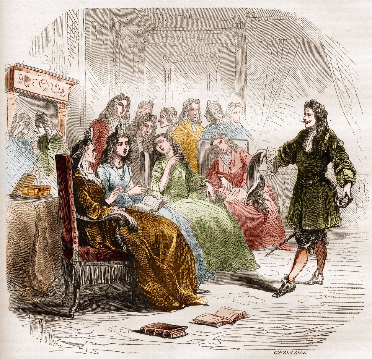 Pisarz Georges de Scudery (1598-1667) podczas salonu literackiego zorganizowanego przez jego siostrę Madeleine de Scudery w 1650 r. Rycina z lat 1860-1861. autorstwa Unknown artist