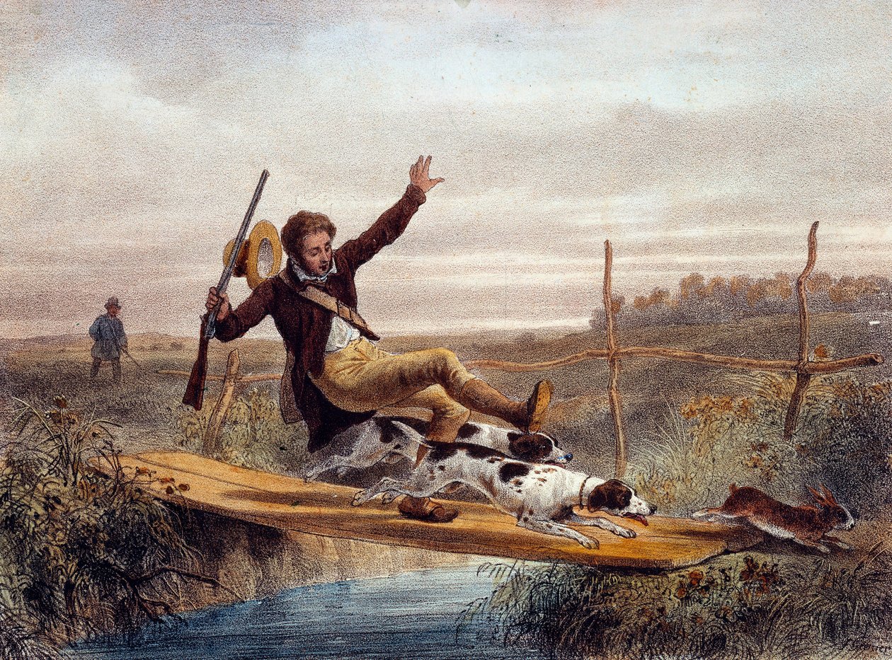 Zły krok. Myśliwy spada z mostka, popychany przez psy biegające na zająca. Rycina XIX wieku. Gien, Muzeum Łowiectwa autorstwa Unknown artist