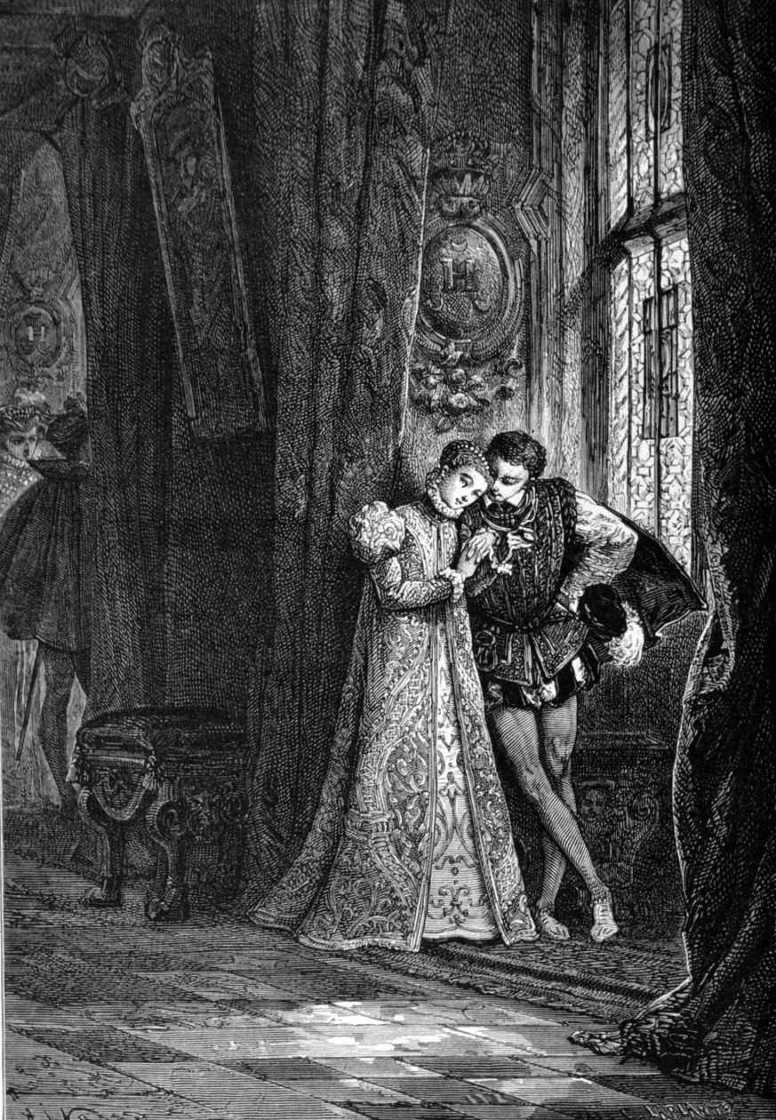 Młodzi narzeczone Marie Iere Stuart (1542 - 1587) i Franciszek II (1544 - 1560) lubili odchodzić na bok w celu zwierzeń. Rycina XIX wieku. autorstwa Unknown artist