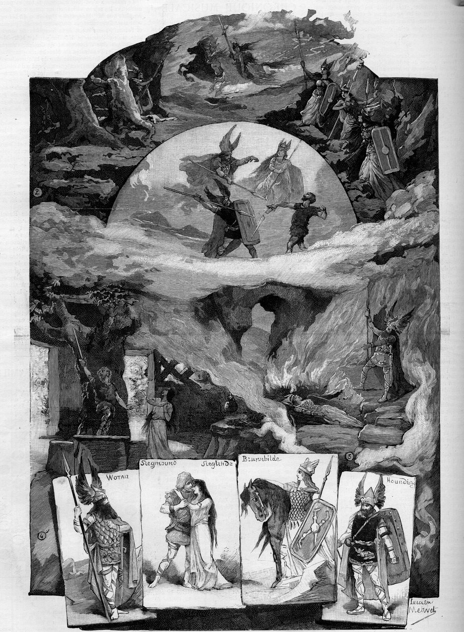Spektakl teatralny „Walkiria” („Walkiria”), dramat Richarda Wagnera (1813-1883) reprezentuje w Théâtre de la Monnaie w Brukseli. Grawerowanie w „”Światowym Świecie”” autorstwa Unknown artist