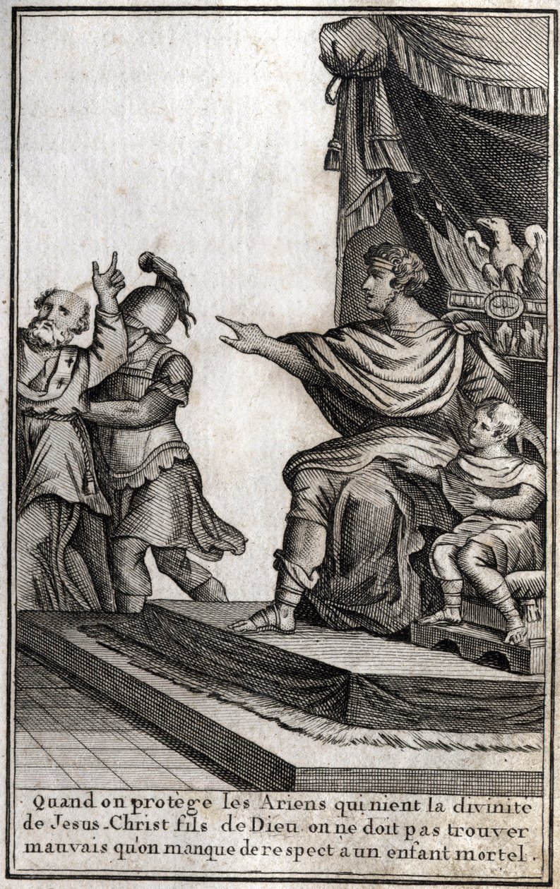 Theodosius I (Flavius Theodosius) (347-395), cesarz rzymski, kazał aresztować Amphiloque, eveque of Icone za brak szacunku dla jego syna, Arkadiusza (377-408). Eweque deklaruje: „Kiedy chronimy arian, którzy zaprzeczają boskości Jezusa Chrystusa, syna Boże autorstwa Unknown artist