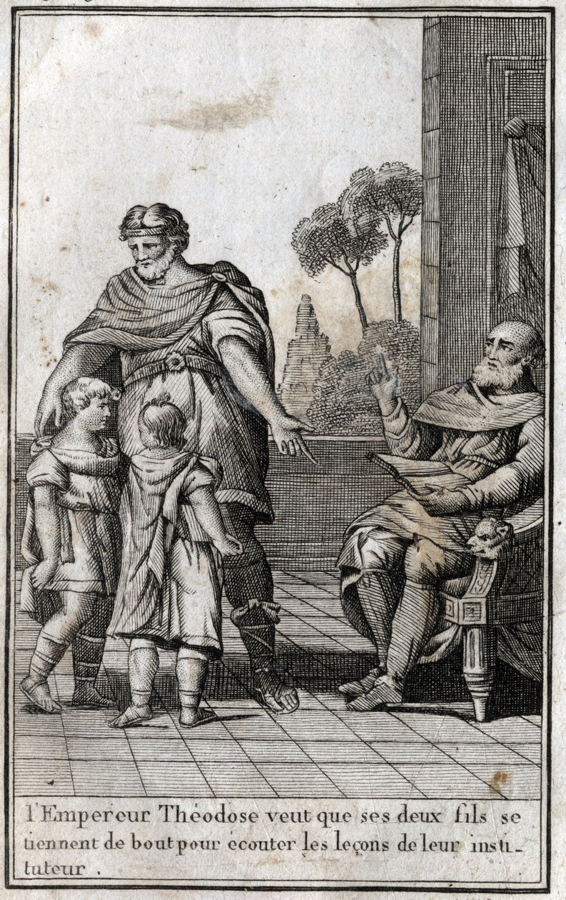 Teodozjusz I (Flawiusz Teodozjusz) (347-395), cesarz rzymski, chce, aby jego dwaj synowie, Arkadiusz (377-408) i Honoriusz (384-423), wstali i wysłuchali lekcji swojego nauczyciela. IV wiek. Grawer w redige „Beaute de l