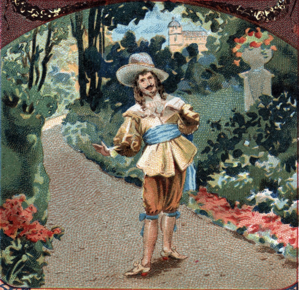 Teofil de Viau (1590-1626) Francuski poeta i dramaturg komponuje wiersz „la maison de Sylvie” w Château de Chantilly. Chromolitografia z końca XIX wieku autorstwa Unknown artist