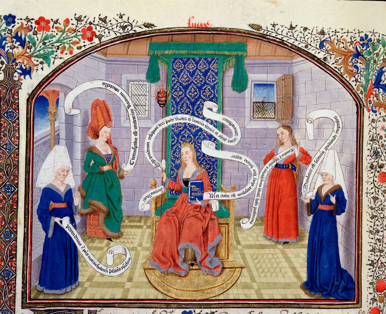 Teoria cnót intelektualnych. Teksty są napisane w filakterach. Miniatura z rękopisu (Ms 927 Fol.93v) „Komentarz do etyki politycznej i ekonomicznej” greckiego filozofa Arystotelesa (383-322 pne) w przekładzie Nicolasa Oresme (1325-1382) autorstwa Unknown artist