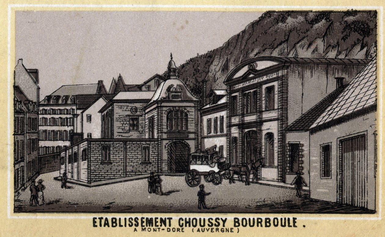 Zakłady termalne Choussy a Bourboule w masywie Monts Dore, w departamencie Puy-de-Dome w Owernii. Chromolitografia z końca XIX wieku. autorstwa Unknown artist