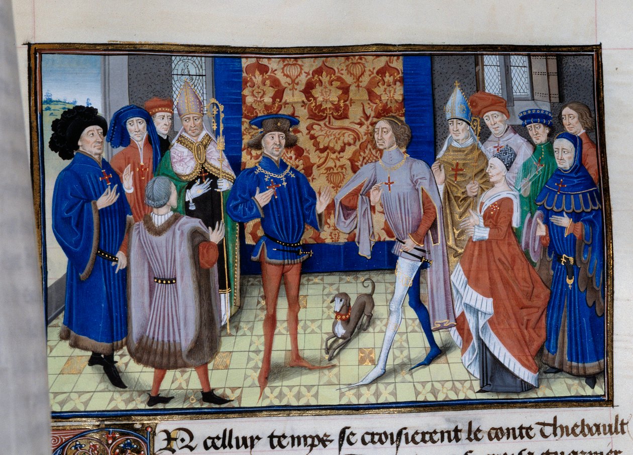 Spotykają się Thibaut III z Szampanii (1179-1201), Louis (zm. 1205), hrabia Blois i Chartres oraz Baudouin IX z Flandrii (lub Baudouin VI z Hainaut), znany jako Baudouin I z Konstantynopola (1171-1206). Miniatura w „”Chronic du temps de Herode Antipas””” autorstwa Unknown artist