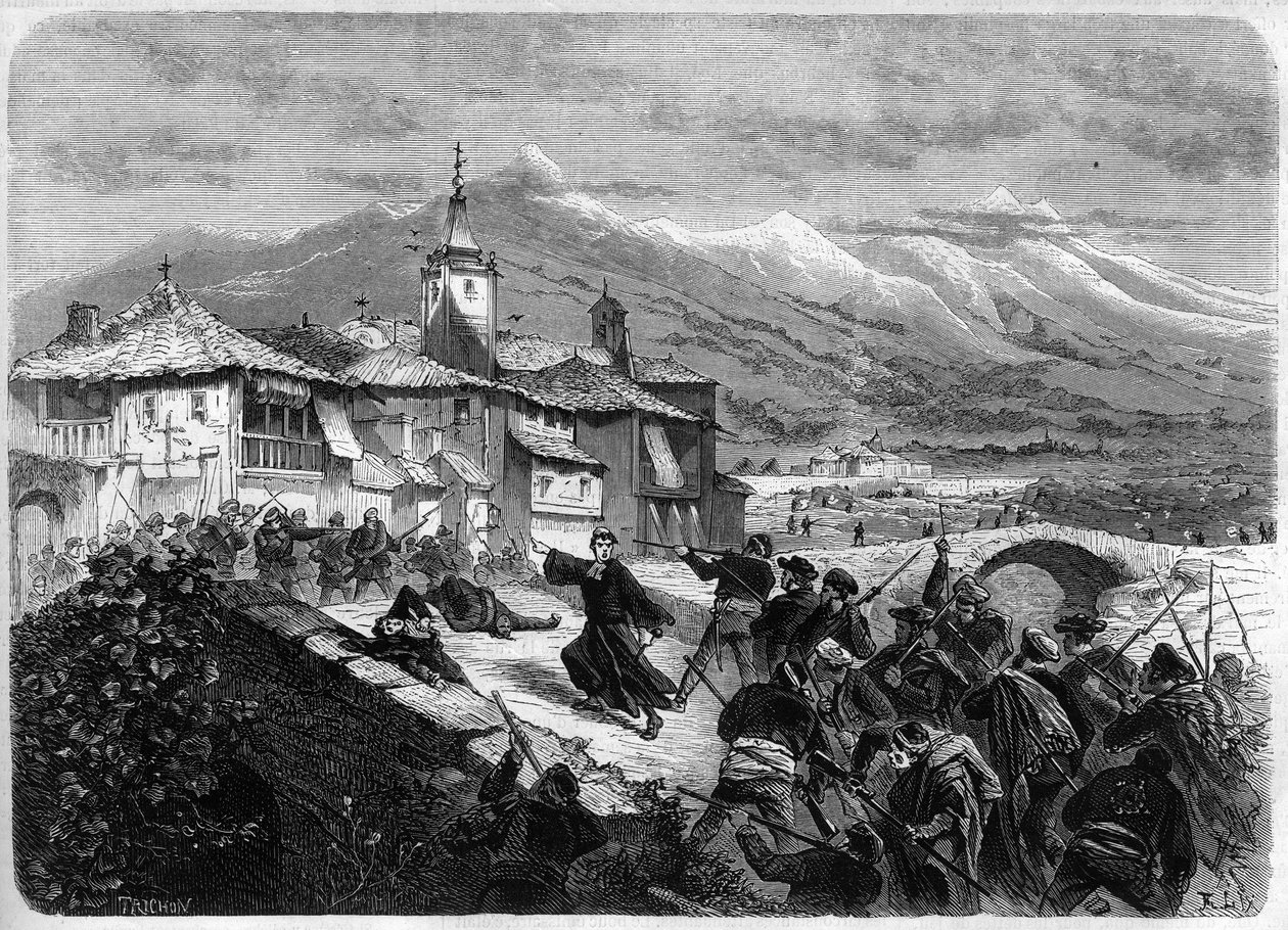 Trzecia wojna karlistów (1872-1876): Bitwa między wojskami rządowymi a grupą karlistów w Nawarrze w Hiszpanii. Grawer w „”L