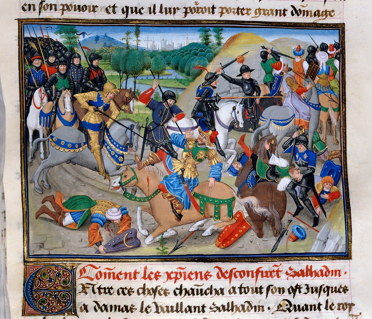 Trzecia krucjata: „Jak chrześcijanie potwierdzają Saladyna”” Saladyn (1138-1193) (Salah al Din Yusuf al-Ayyubi (al Ayyubi) zostaje pokonany przez krucjaty około 1191 roku. autorstwa Unknown artist