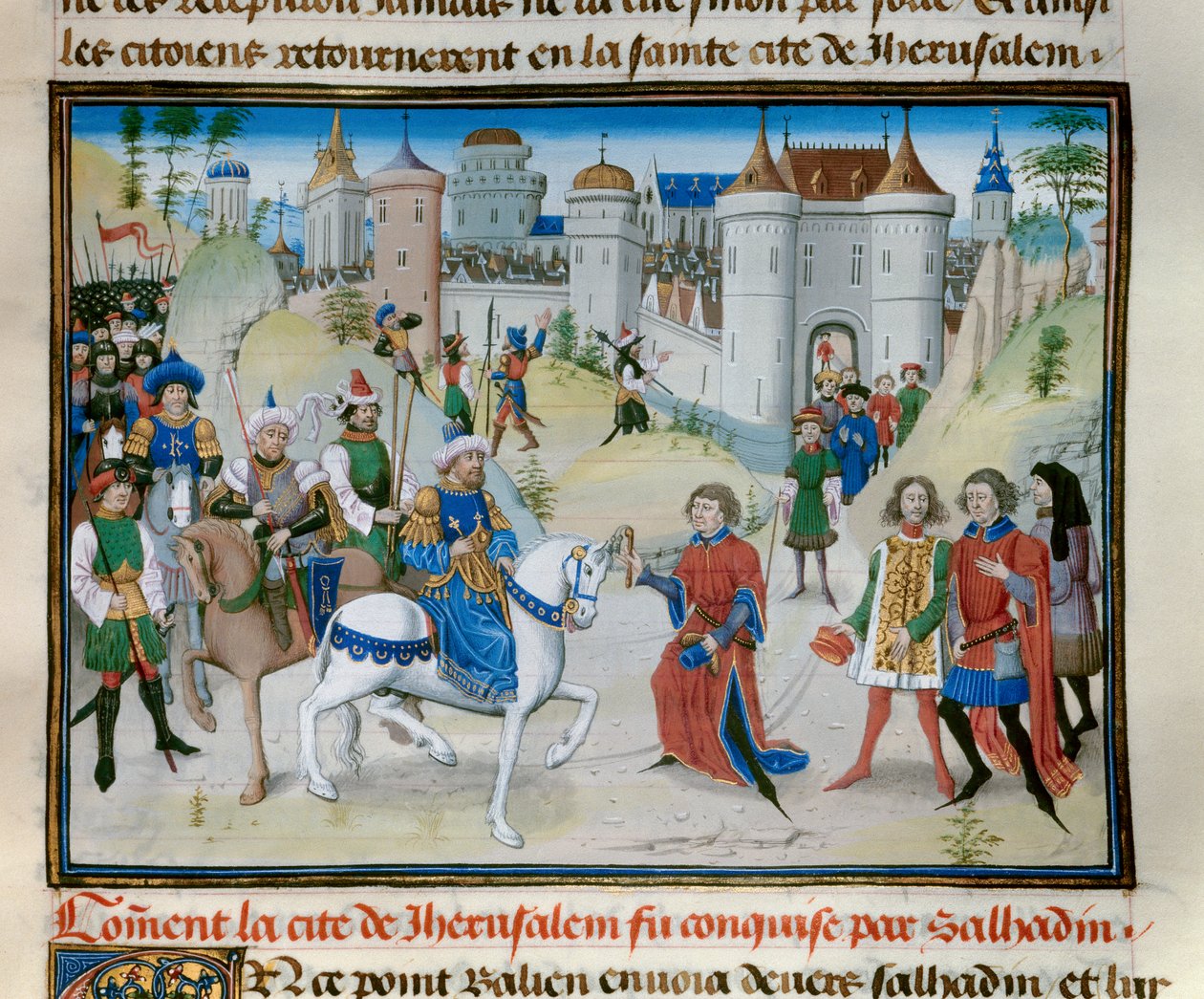 Trzecia krucjata: Zdobycie Jerozolimy, sułtan Saladyn (1138-1193), miniatura z „”Kronika abregee”” Davida Auberta autorstwa Unknown artist